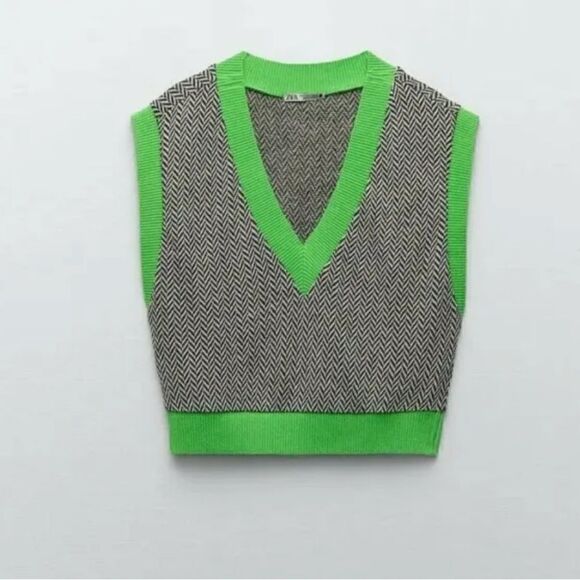 ZARA NEW Black / Green JACQUARD KINT CROPPED TOP size small NWT - Picture 4 of 11